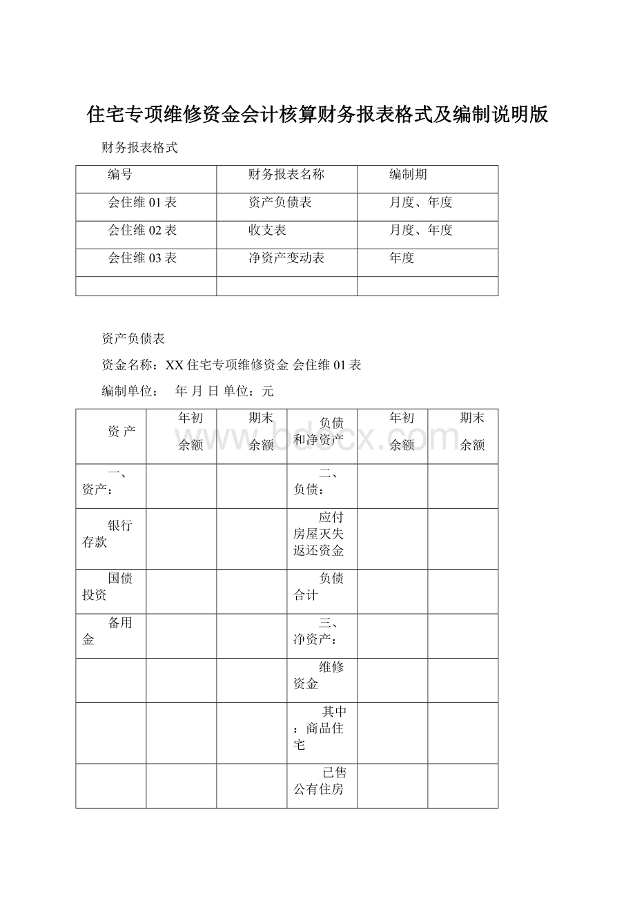 住宅专项维修资金会计核算财务报表格式及编制说明版Word文件下载.docx