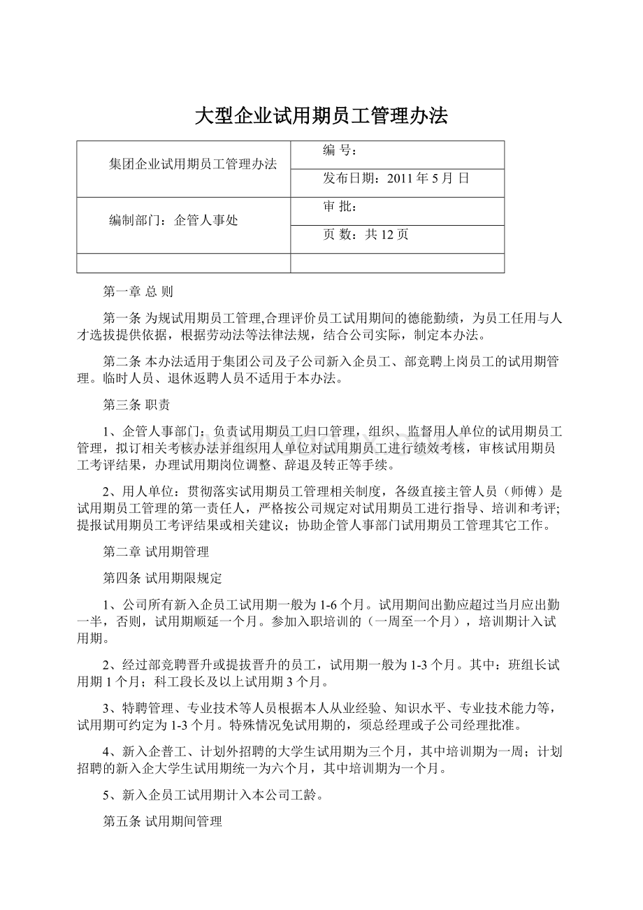 大型企业试用期员工管理办法文档格式.docx_第1页