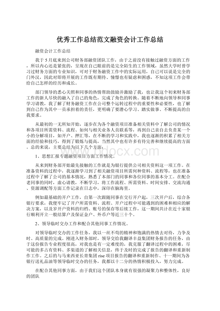 优秀工作总结范文融资会计工作总结文档格式.docx