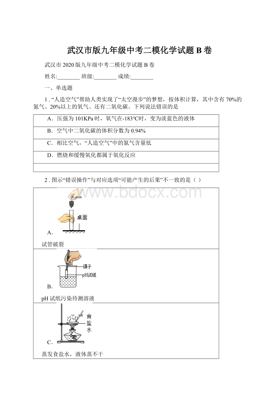 武汉市版九年级中考二模化学试题B卷文档格式.docx_第1页