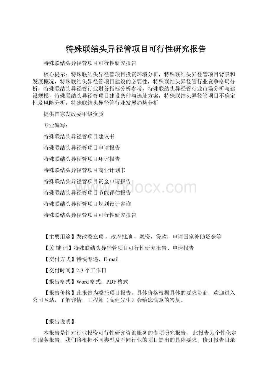 特殊联结头异径管项目可行性研究报告Word文档下载推荐.docx_第1页