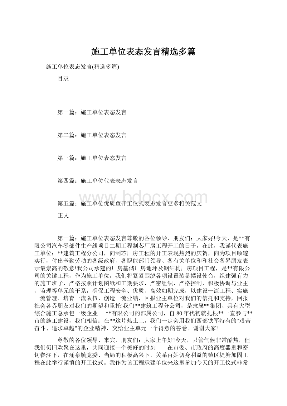 施工单位表态发言精选多篇文档格式.docx_第1页