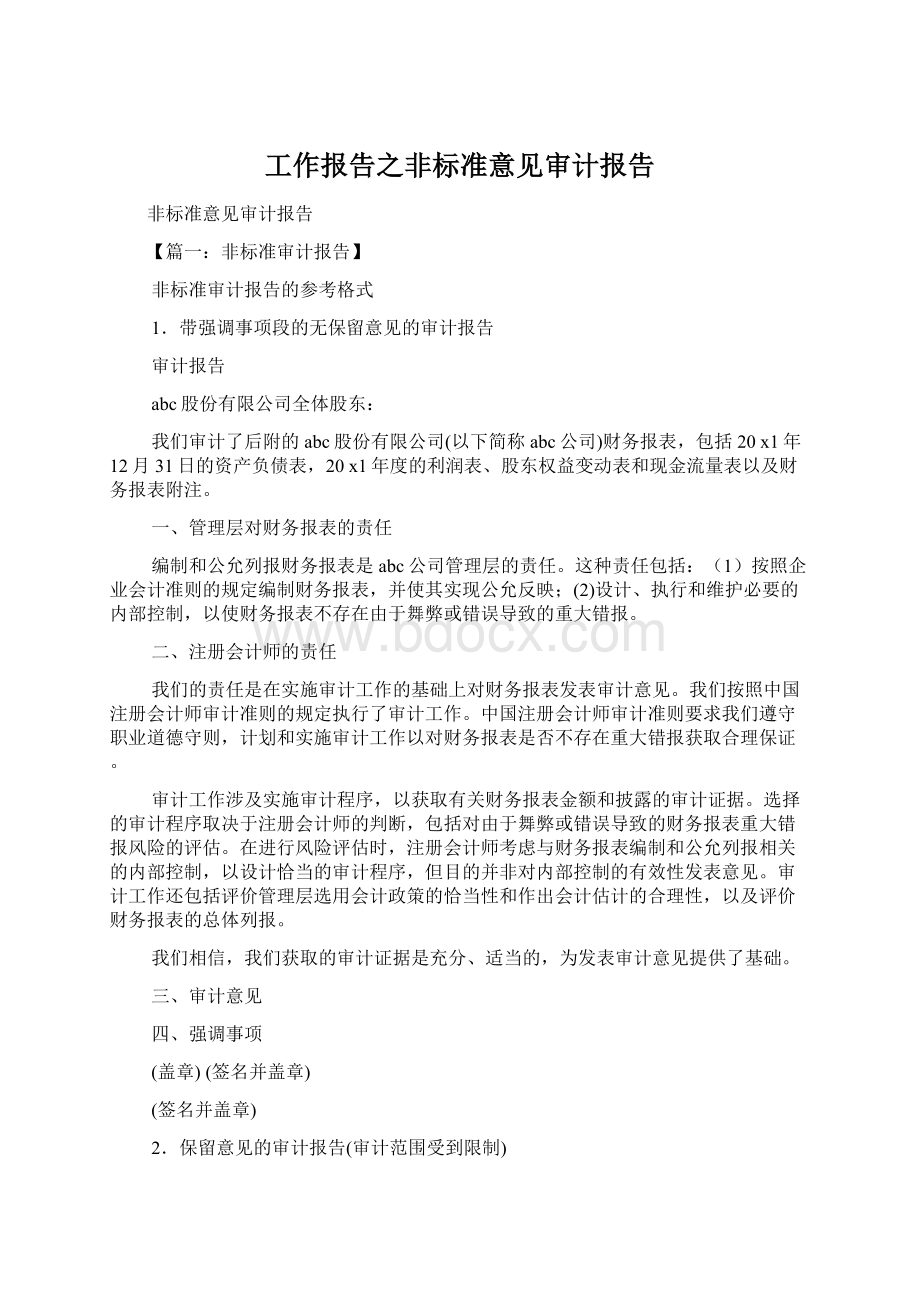 工作报告之非标准意见审计报告Word文件下载.docx_第1页