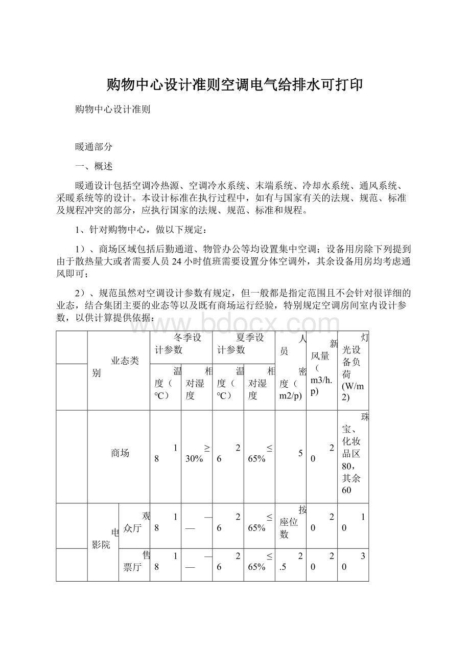 购物中心设计准则空调电气给排水可打印.docx