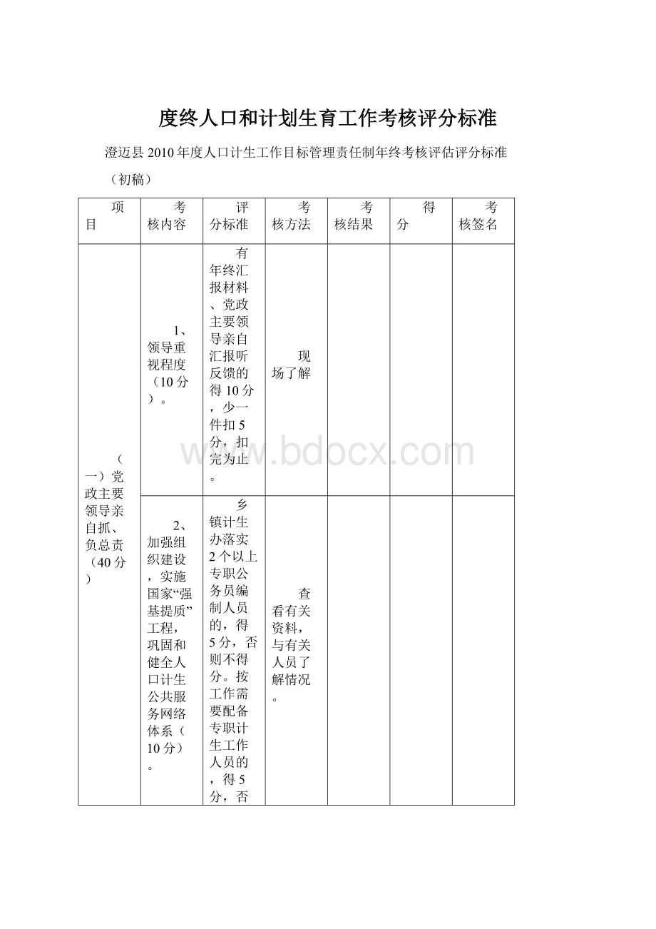 度终人口和计划生育工作考核评分标准Word下载.docx_第1页