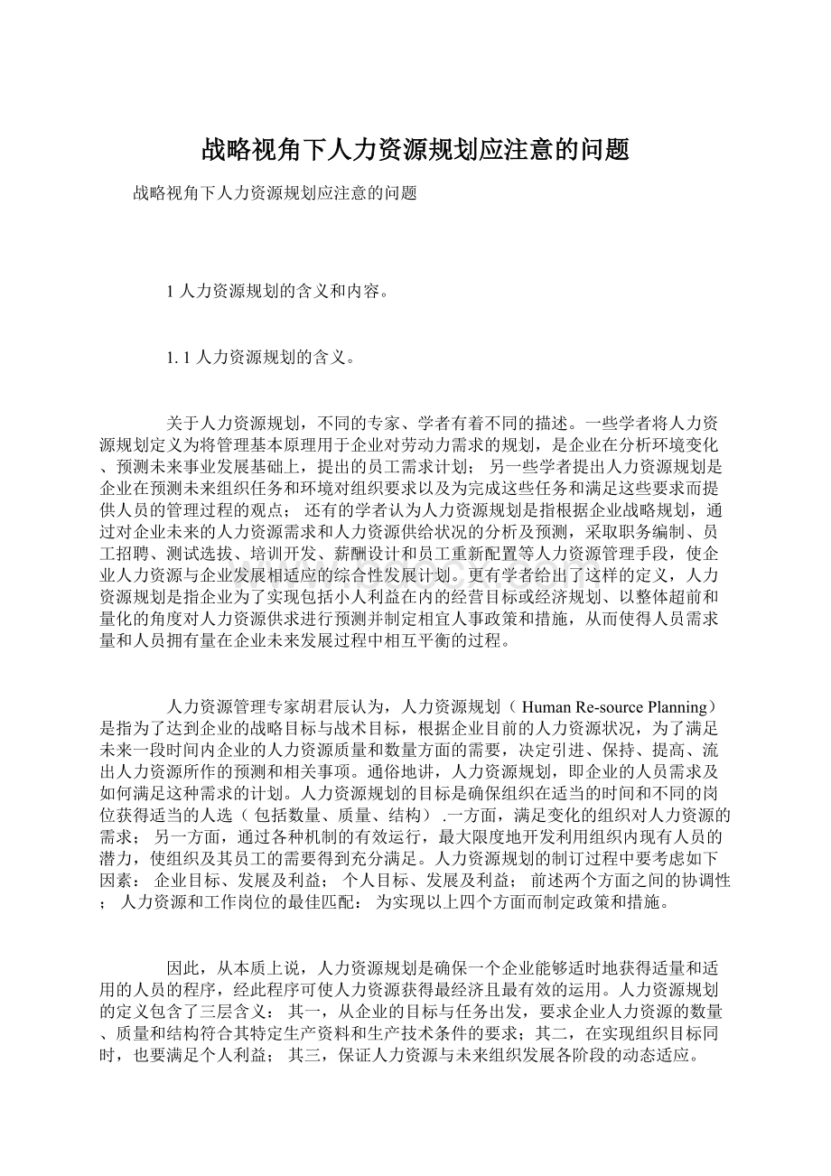 战略视角下人力资源规划应注意的问题.docx_第1页