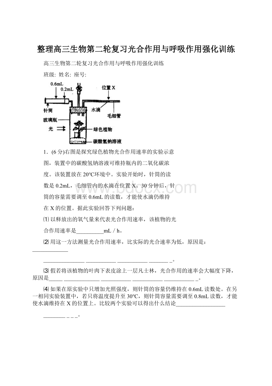 整理高三生物第二轮复习光合作用与呼吸作用强化训练文档格式.docx