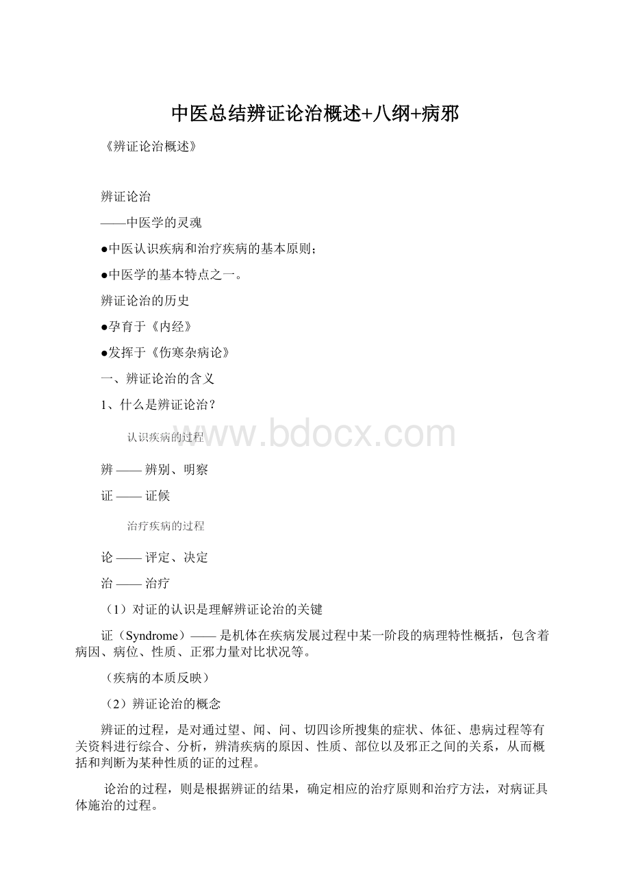 中医总结辨证论治概述+八纲+病邪.docx