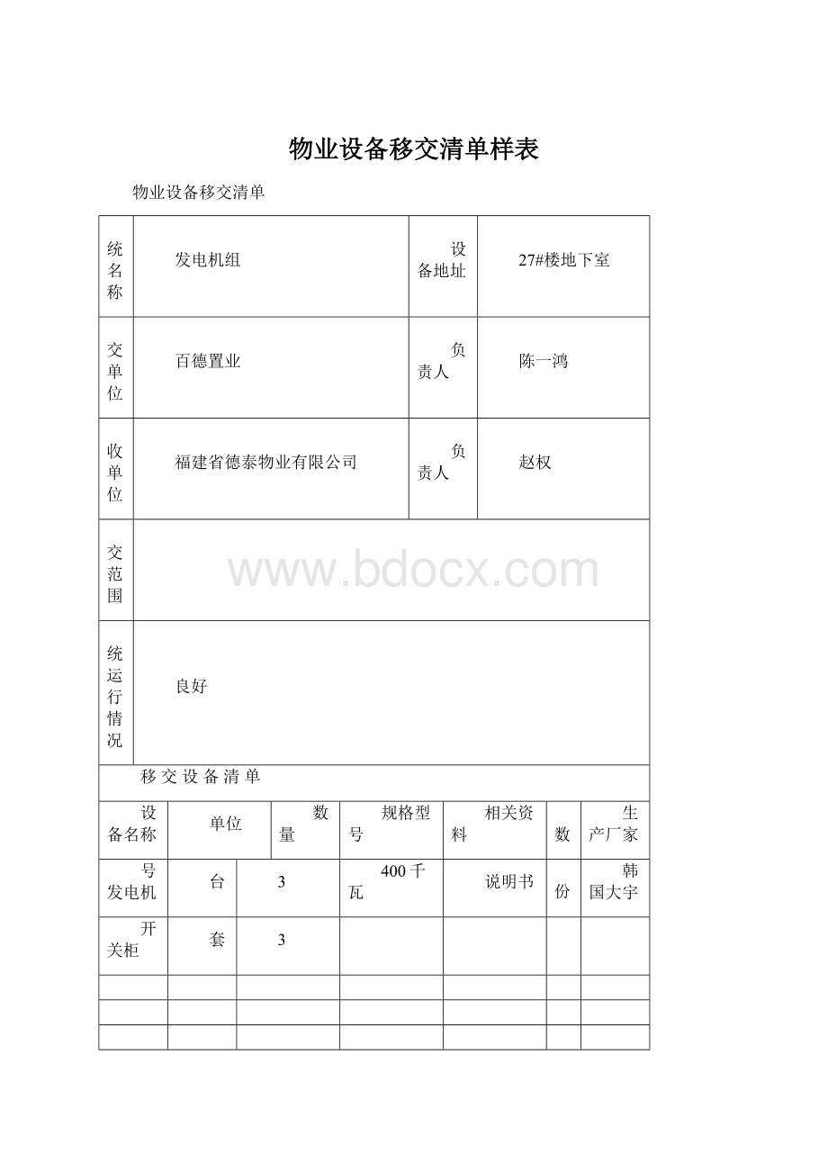 物业设备移交清单样表.docx_第1页