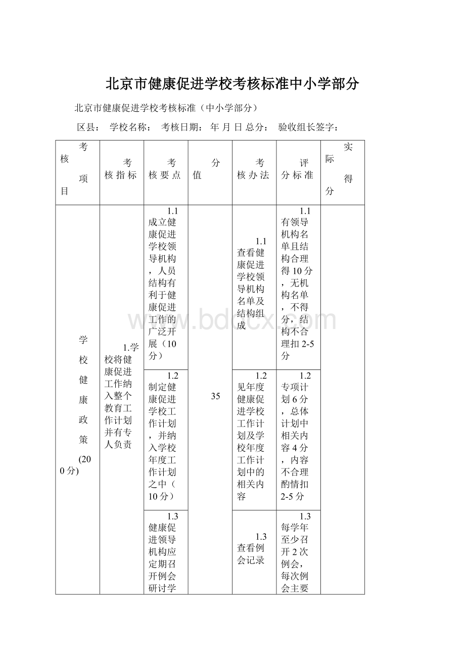 北京市健康促进学校考核标准中小学部分.docx