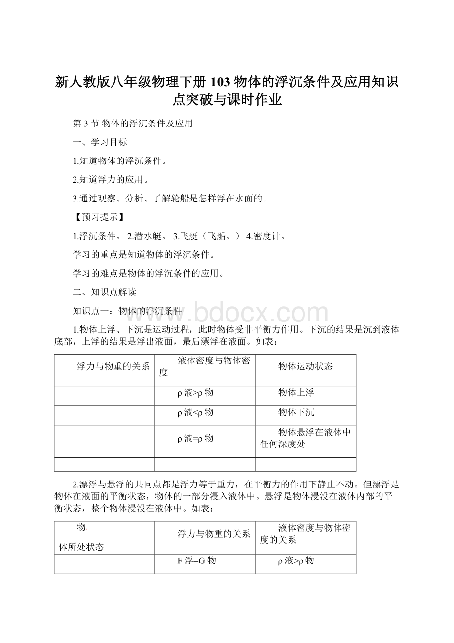 新人教版八年级物理下册103物体的浮沉条件及应用知识点突破与课时作业.docx