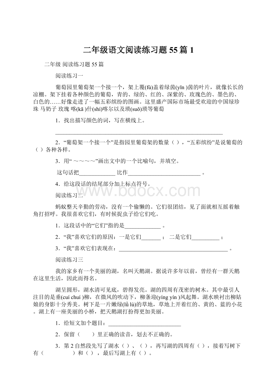 二年级语文阅读练习题55篇1Word文件下载.docx