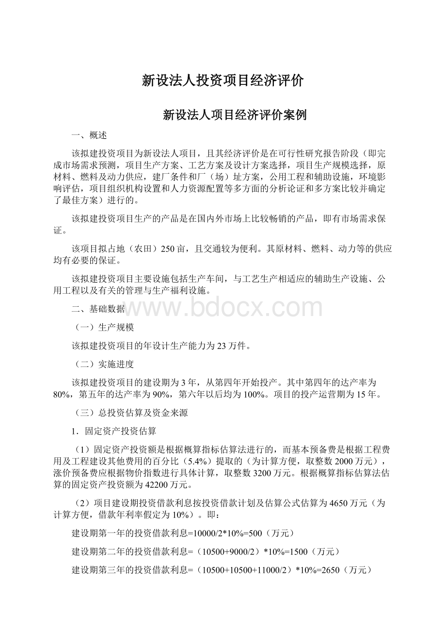 新设法人投资项目经济评价Word文档格式.docx