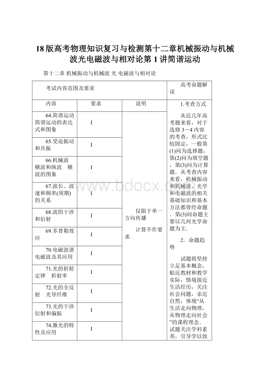 18版高考物理知识复习与检测第十二章机械振动与机械波光电磁波与相对论第1讲简谐运动.docx_第1页