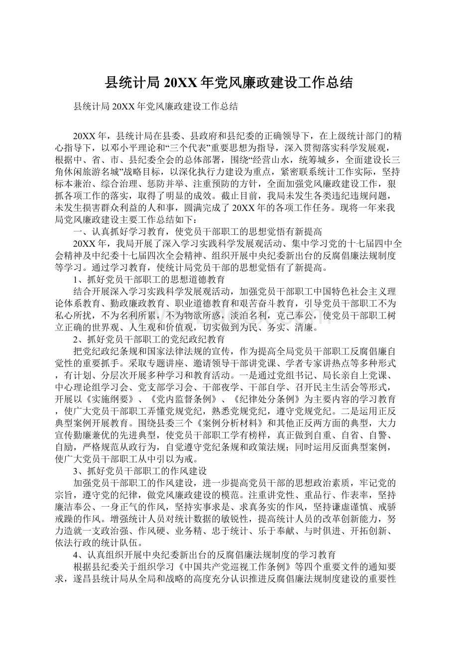 县统计局20XX年党风廉政建设工作总结Word文件下载.docx