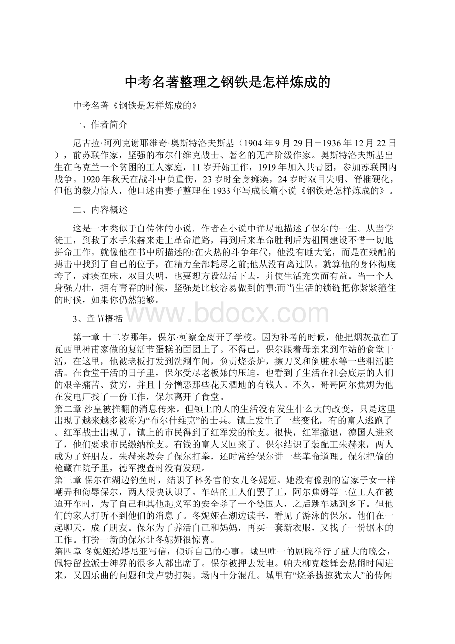 中考名著整理之钢铁是怎样炼成的.docx_第1页