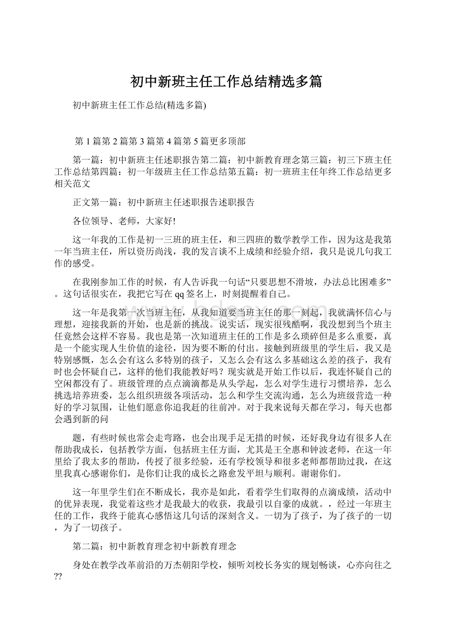 初中新班主任工作总结精选多篇Word下载.docx_第1页