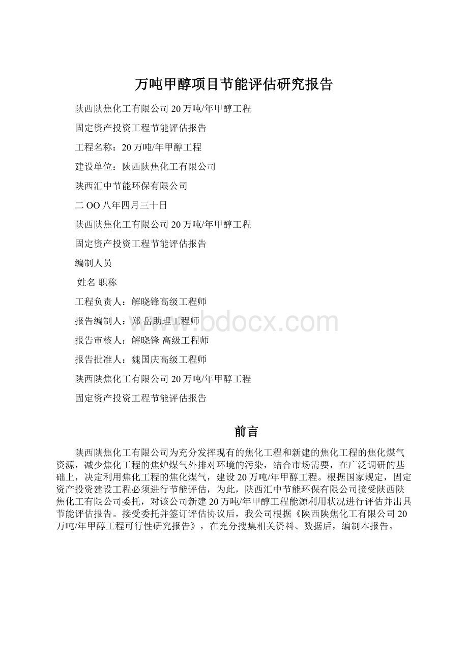 万吨甲醇项目节能评估研究报告文档格式.docx