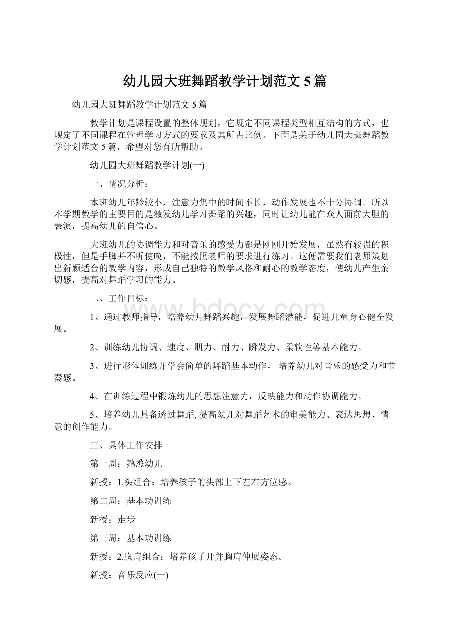 幼儿园大班舞蹈教学计划范文5篇.docx