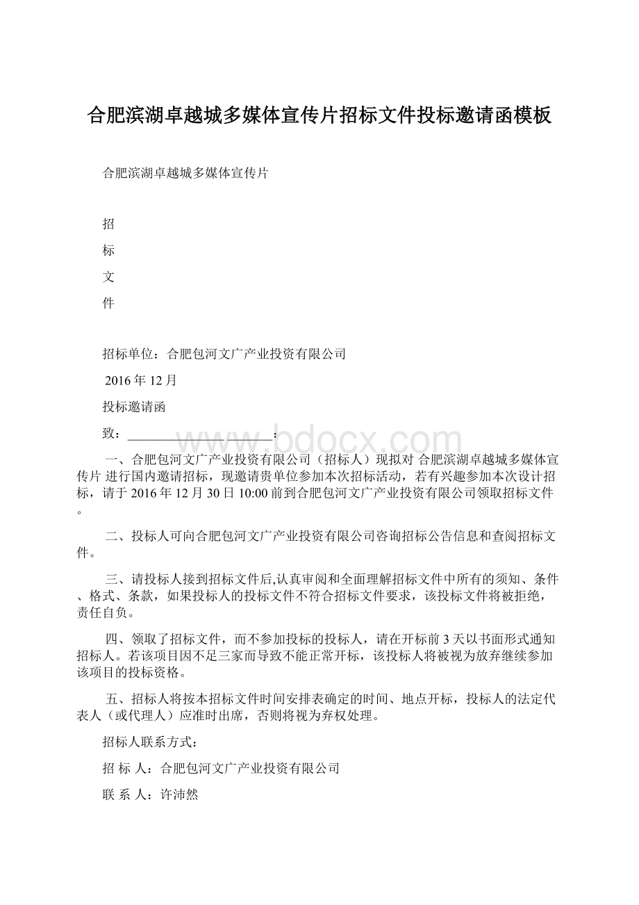 合肥滨湖卓越城多媒体宣传片招标文件投标邀请函模板Word文件下载.docx