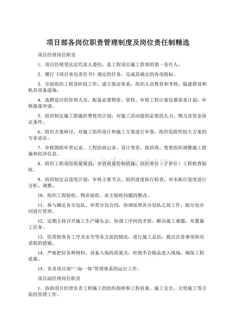 项目部各岗位职责管理制度及岗位责任制精选.docx