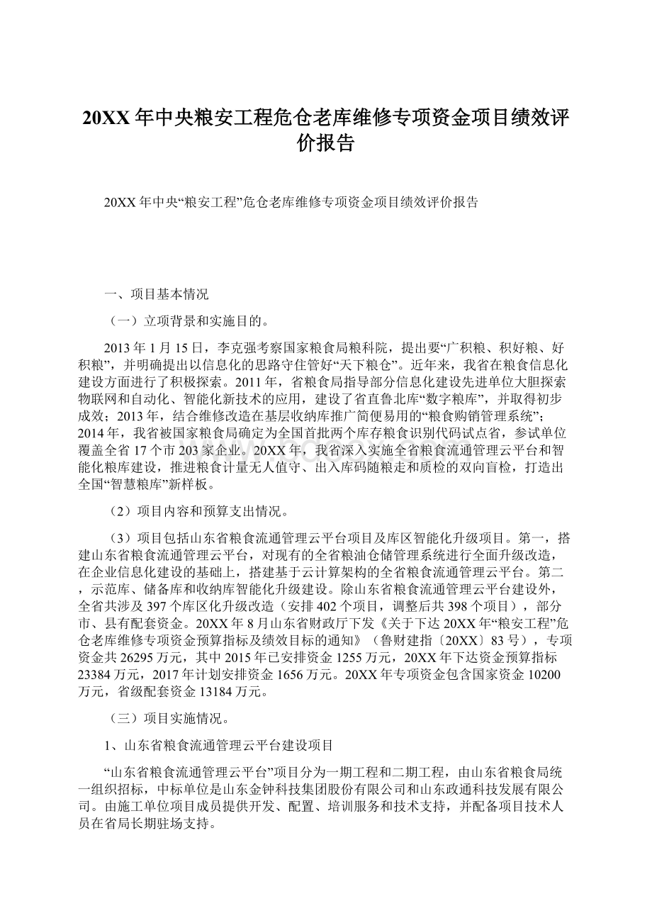 20XX年中央粮安工程危仓老库维修专项资金项目绩效评价报告.docx_第1页