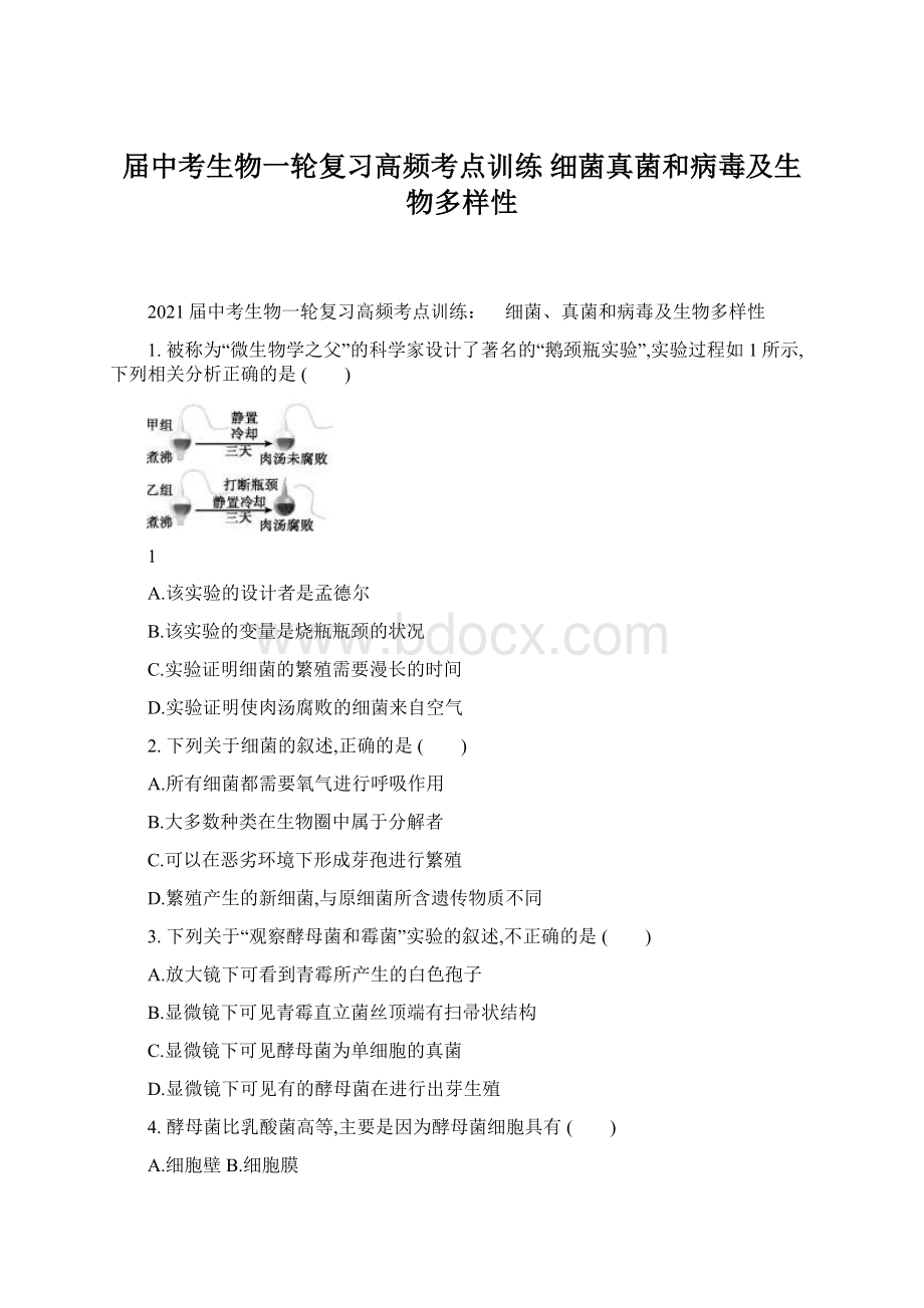 届中考生物一轮复习高频考点训练 细菌真菌和病毒及生物多样性.docx