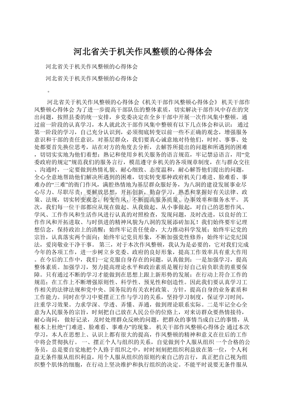 河北省关于机关作风整顿的心得体会Word文件下载.docx_第1页