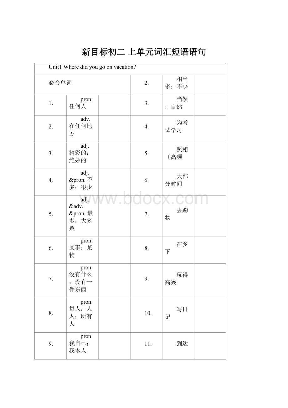 新目标初二 上单元词汇短语语句Word文件下载.docx_第1页