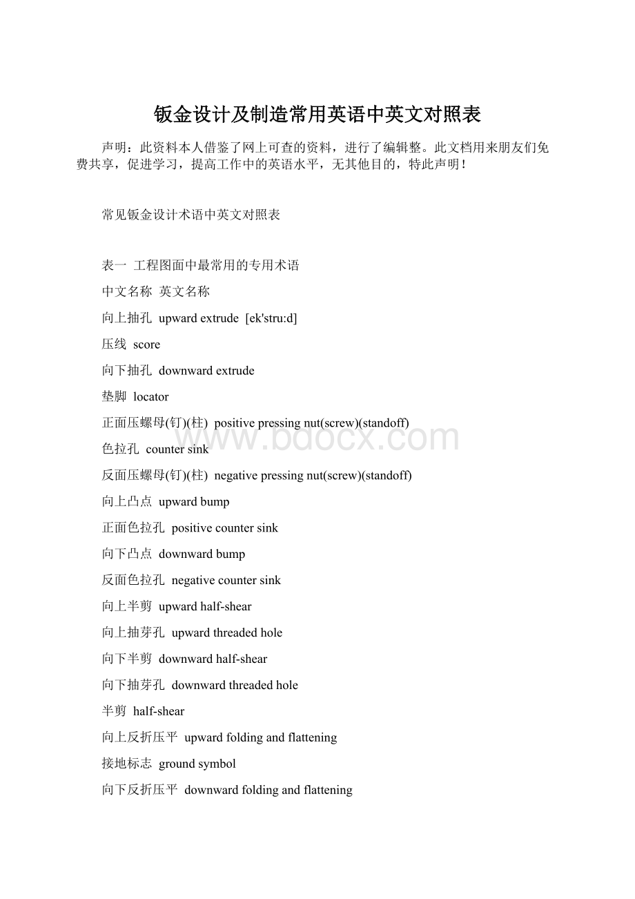 钣金设计及制造常用英语中英文对照表文档格式.docx_第1页