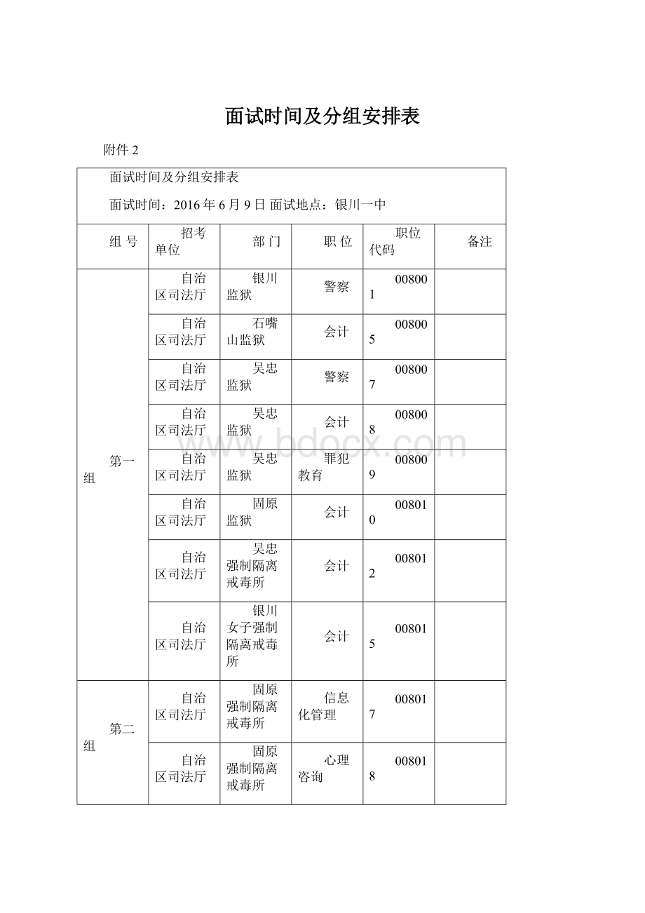 面试时间及分组安排表Word文档格式.docx