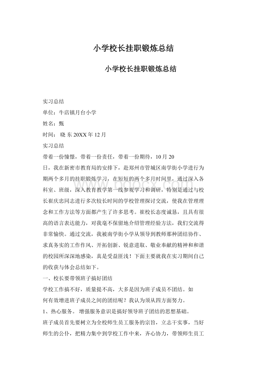 小学校长挂职锻炼总结Word文档下载推荐.docx