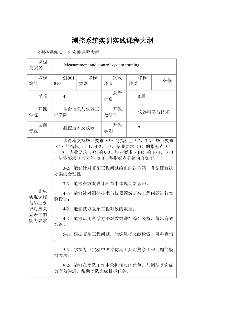 测控系统实训实践课程大纲.docx_第1页