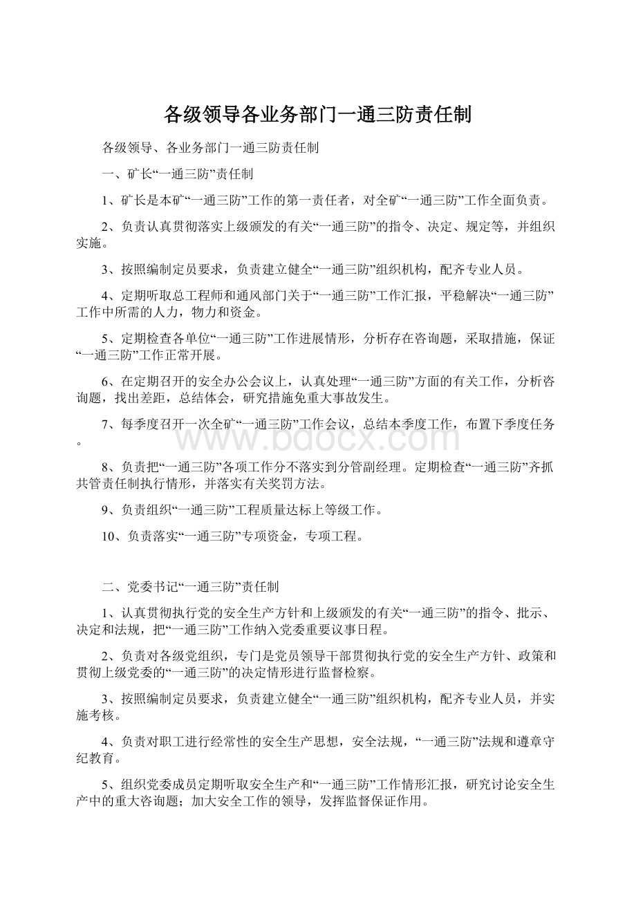 各级领导各业务部门一通三防责任制文档格式.docx