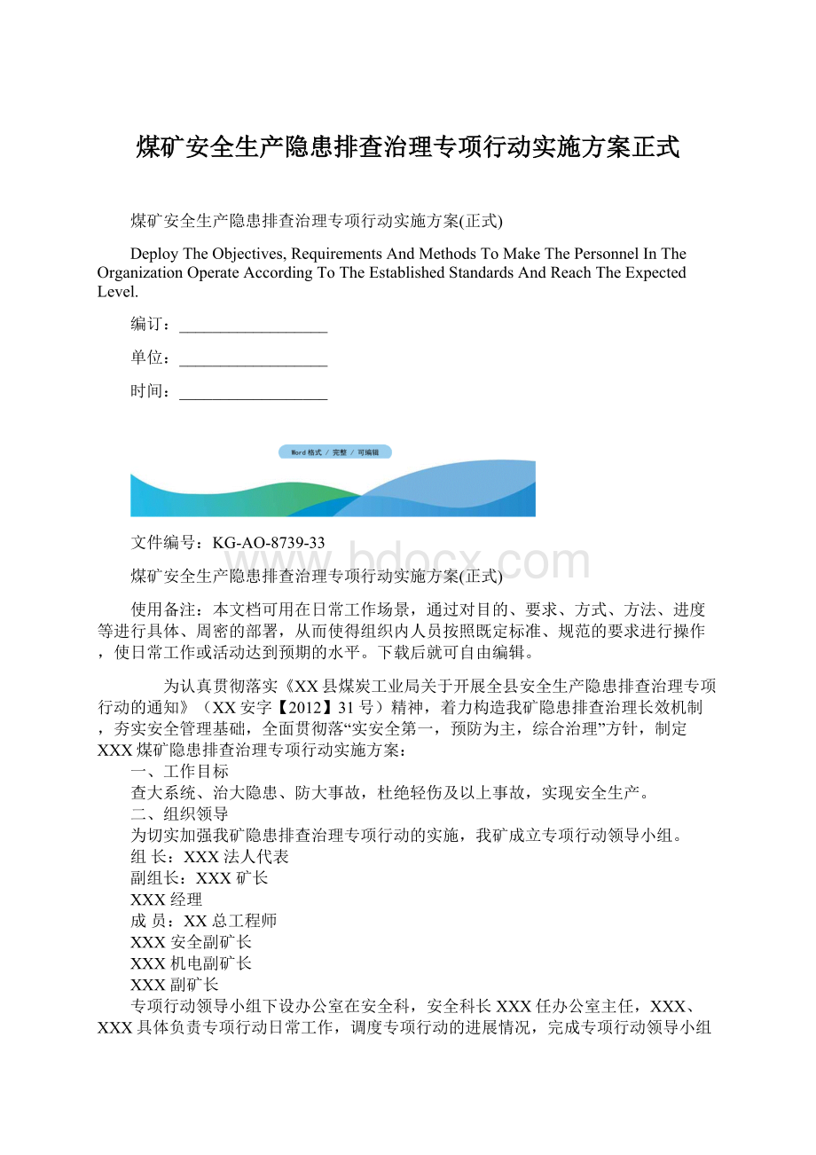 煤矿安全生产隐患排查治理专项行动实施方案正式Word格式.docx