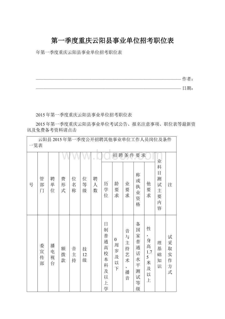 第一季度重庆云阳县事业单位招考职位表Word格式文档下载.docx_第1页