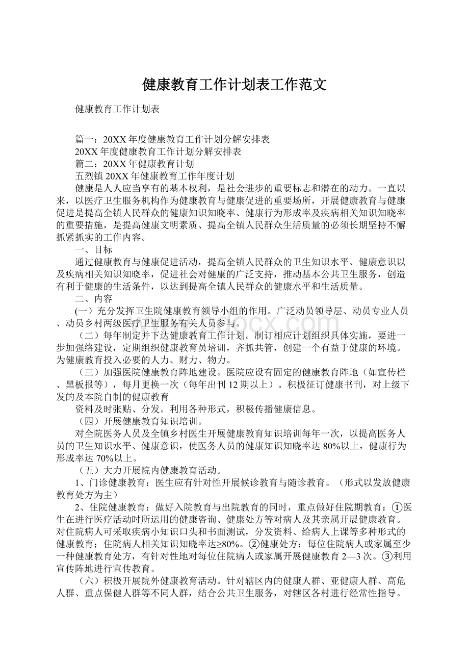 健康教育工作计划表工作范文.docx_第1页