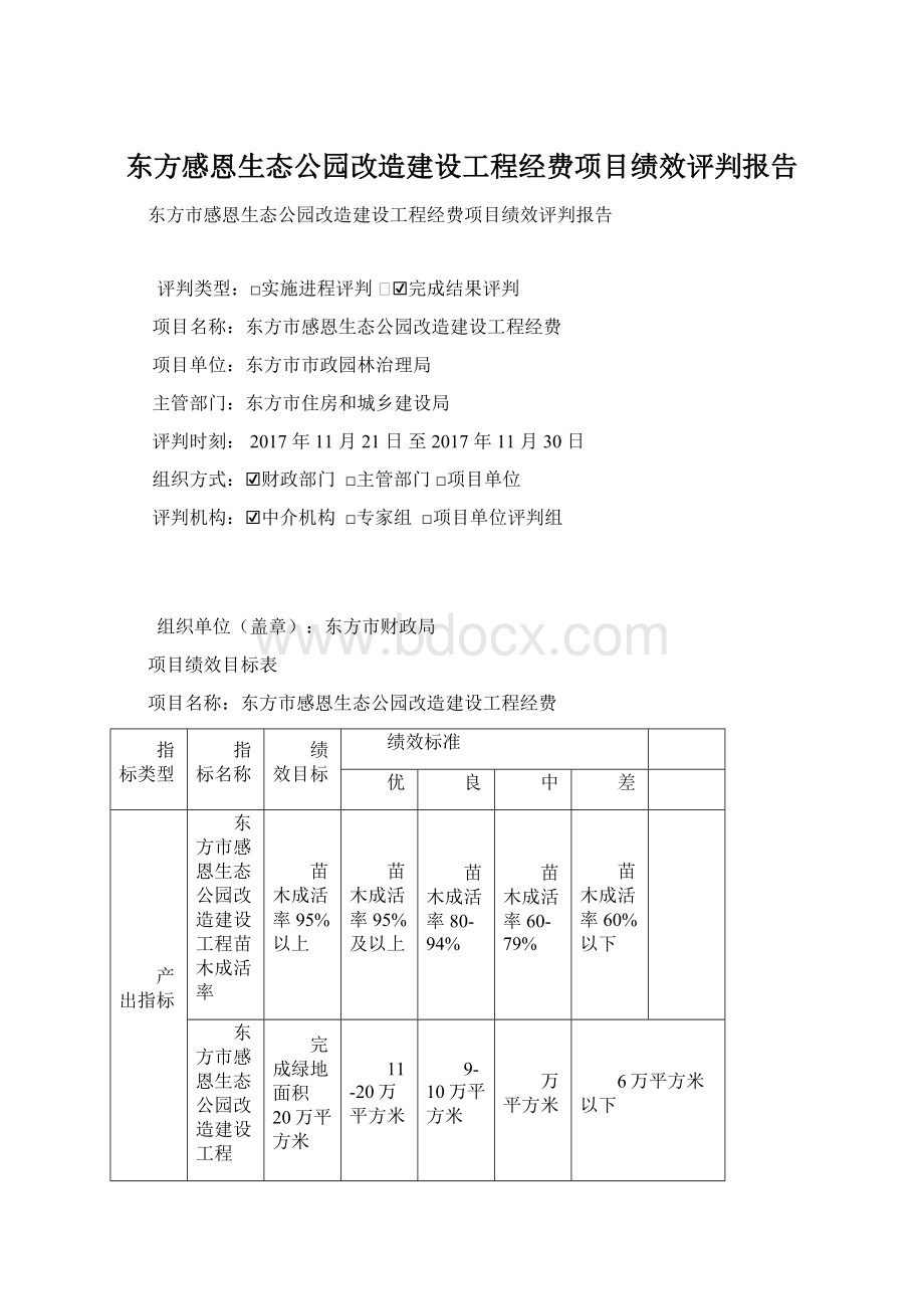 东方感恩生态公园改造建设工程经费项目绩效评判报告Word文档下载推荐.docx_第1页