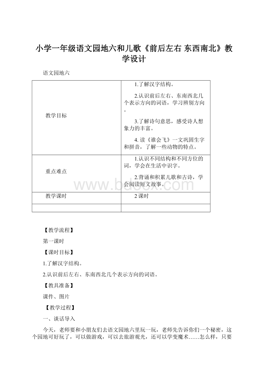 小学一年级语文园地六和儿歌《前后左右 东西南北》教学设计Word文件下载.docx