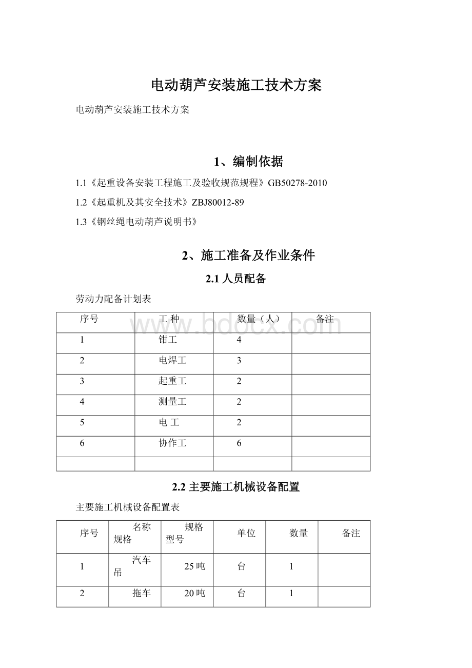 电动葫芦安装施工技术方案Word格式文档下载.docx