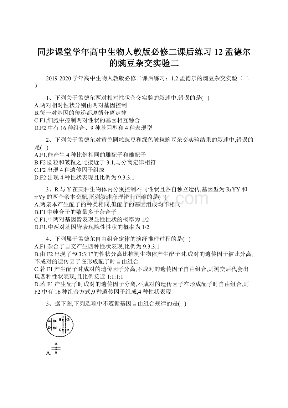 同步课堂学年高中生物人教版必修二课后练习12孟德尔的豌豆杂交实验二.docx