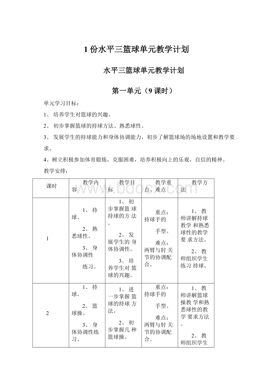 1份水平三篮球单元教学计划.docx_第1页