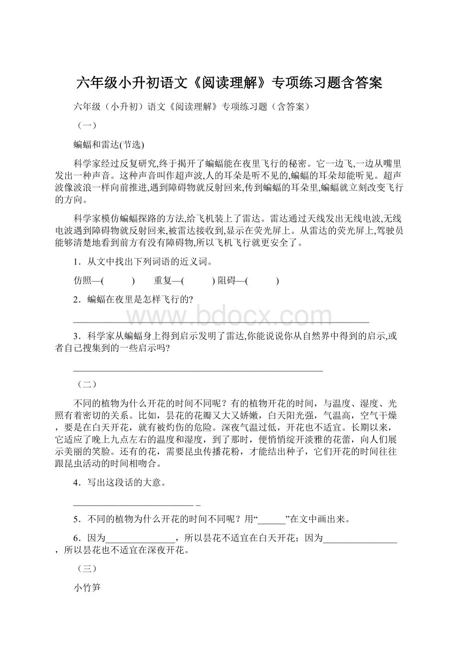 六年级小升初语文《阅读理解》专项练习题含答案.docx