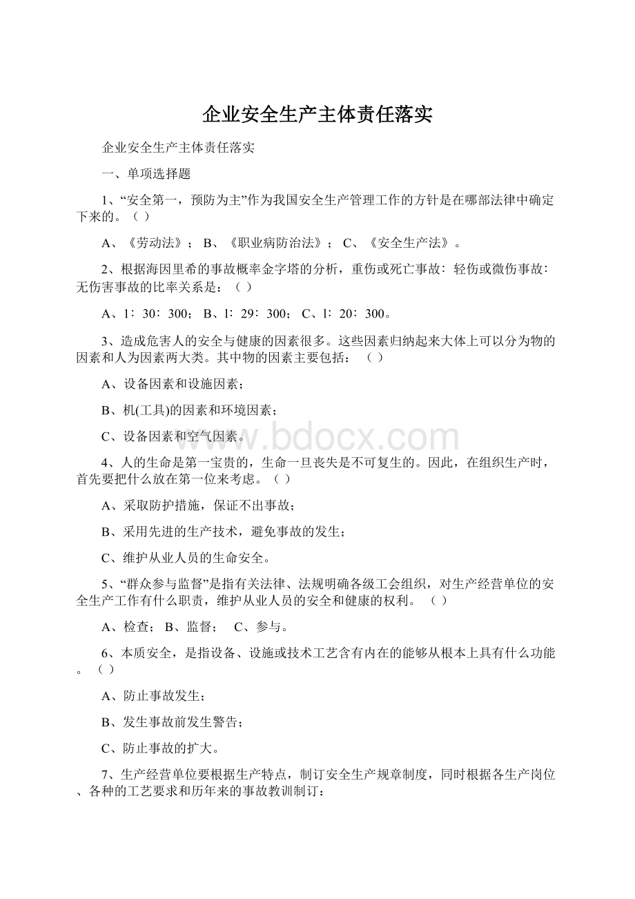 企业安全生产主体责任落实Word文档格式.docx