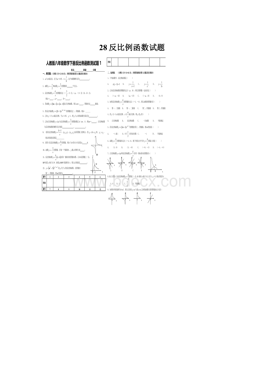 28反比例函数试题.docx