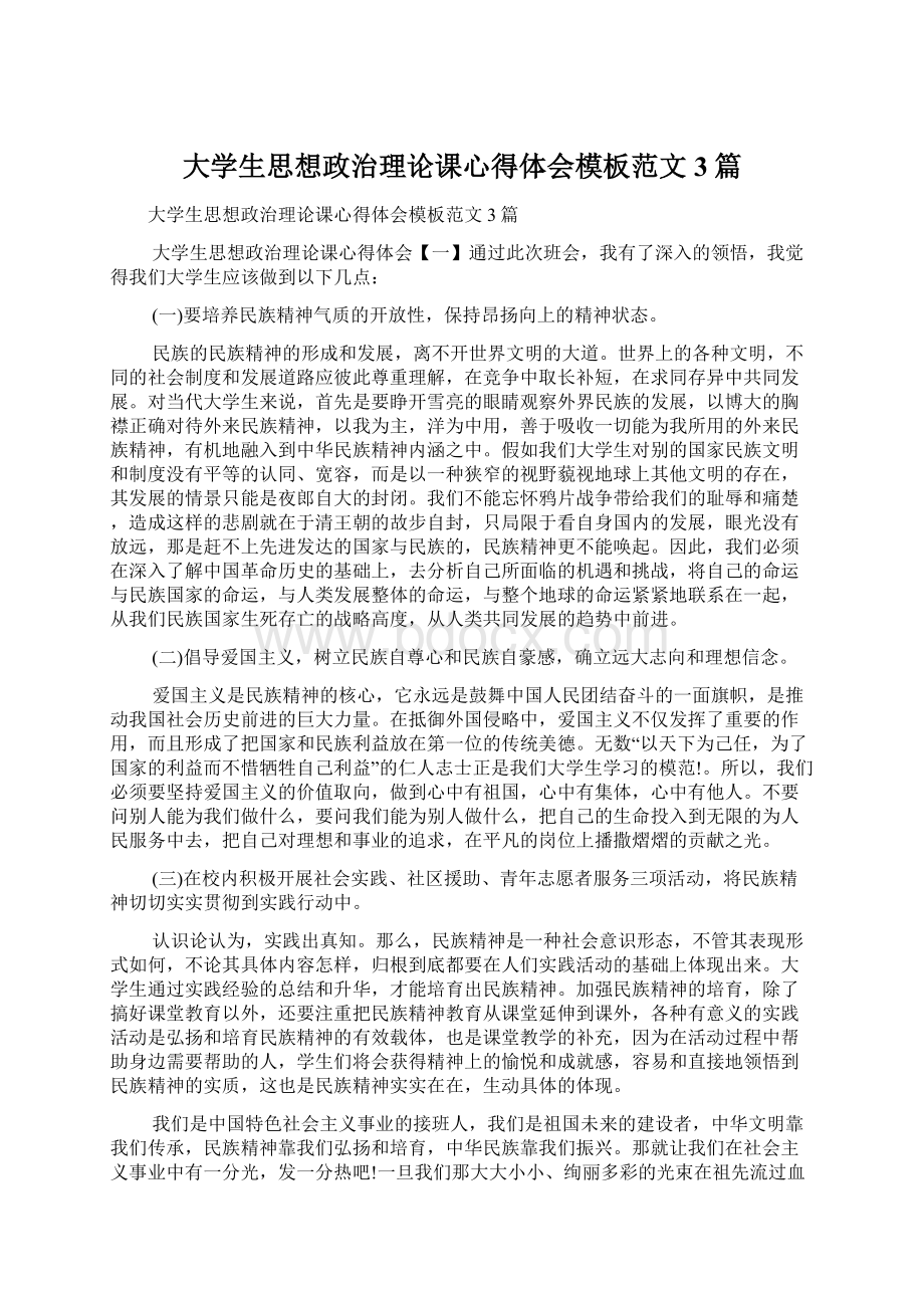 大学生思想政治理论课心得体会模板范文3篇Word格式文档下载.docx_第1页