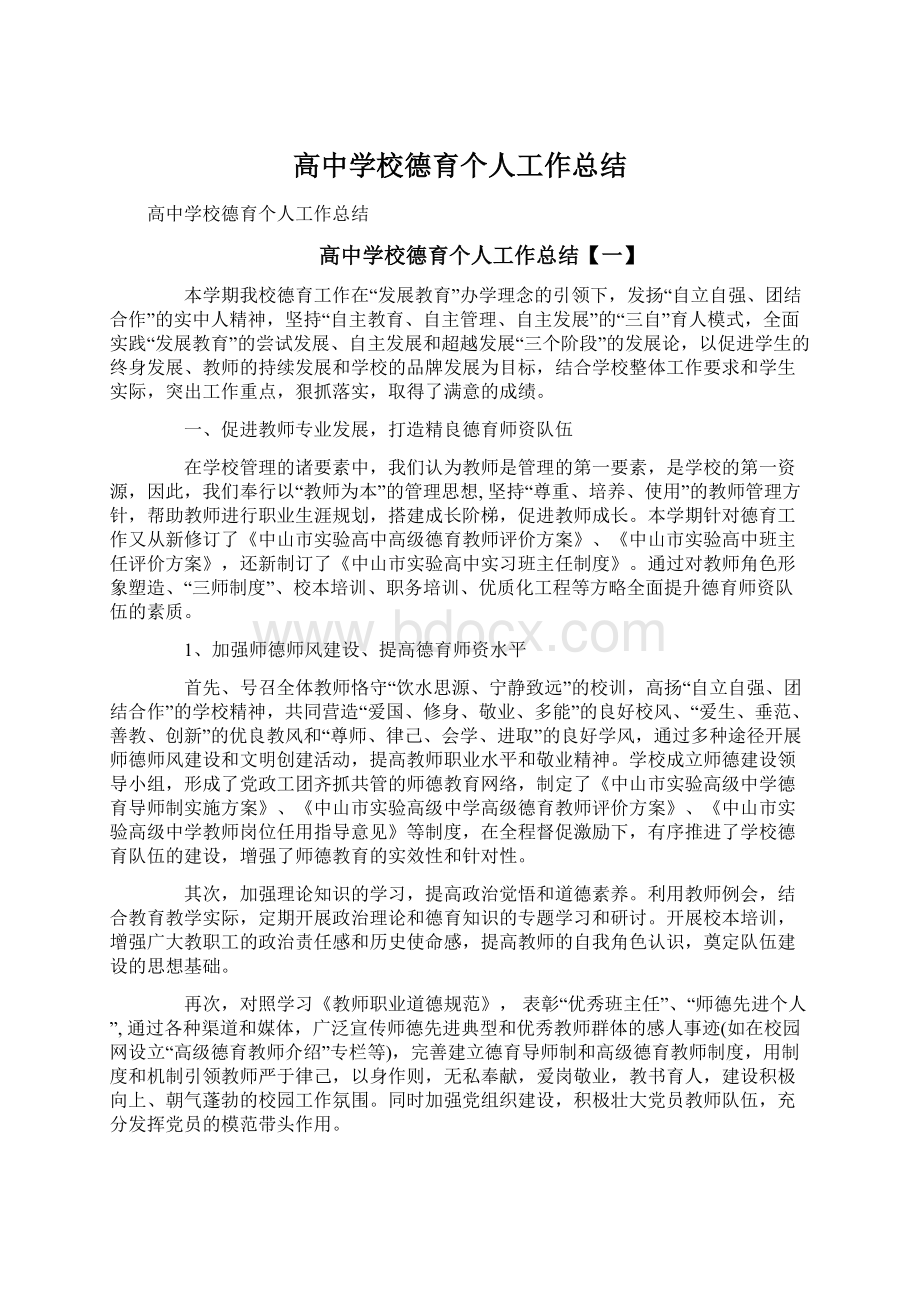 高中学校德育个人工作总结文档格式.docx