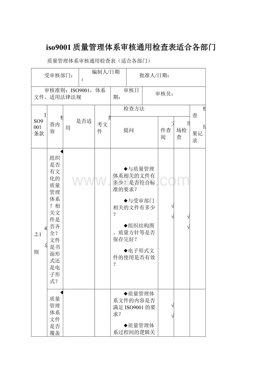 iso9001质量管理体系审核通用检查表适合各部门Word文件下载.docx_第1页