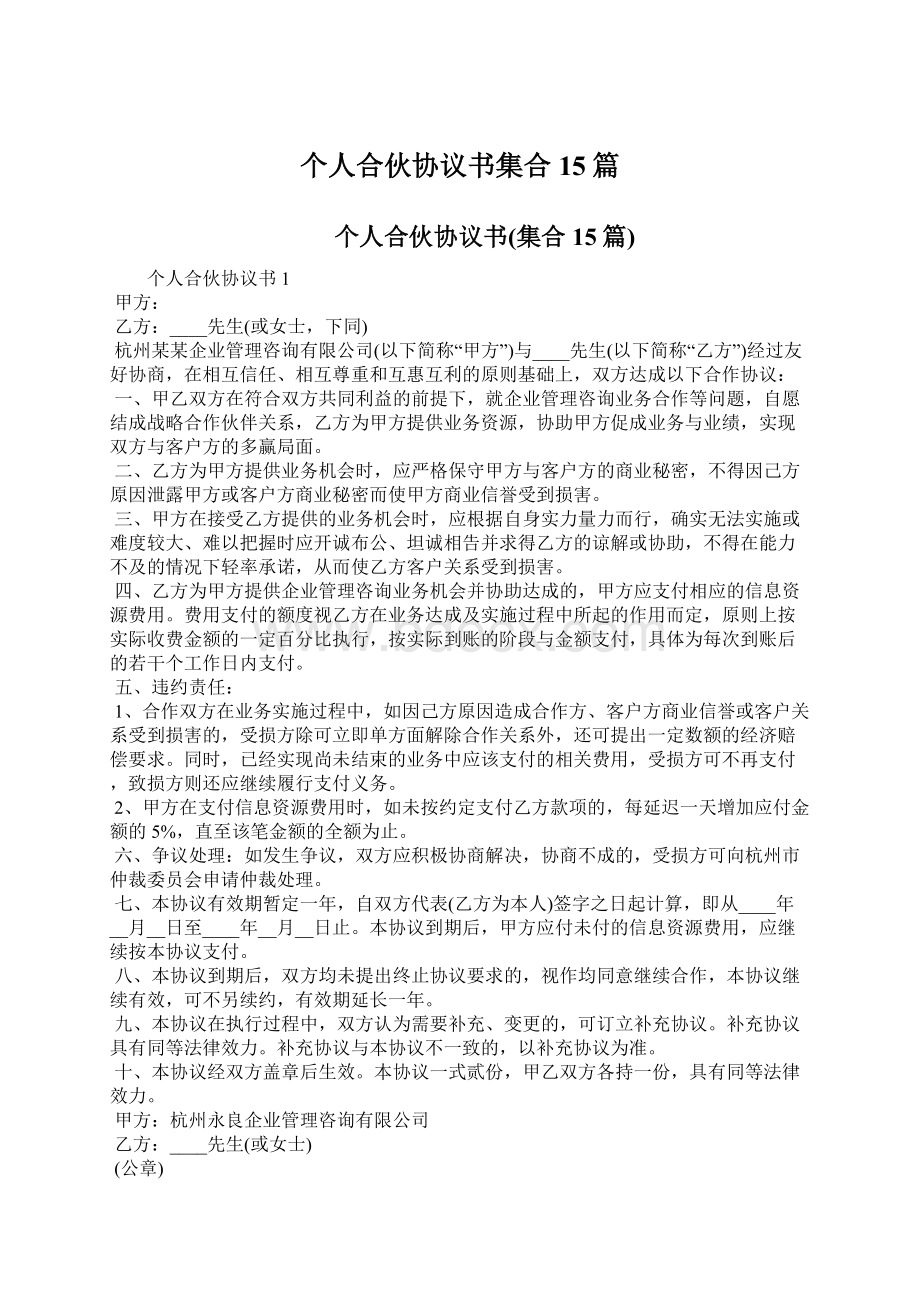 个人合伙协议书集合15篇Word格式文档下载.docx