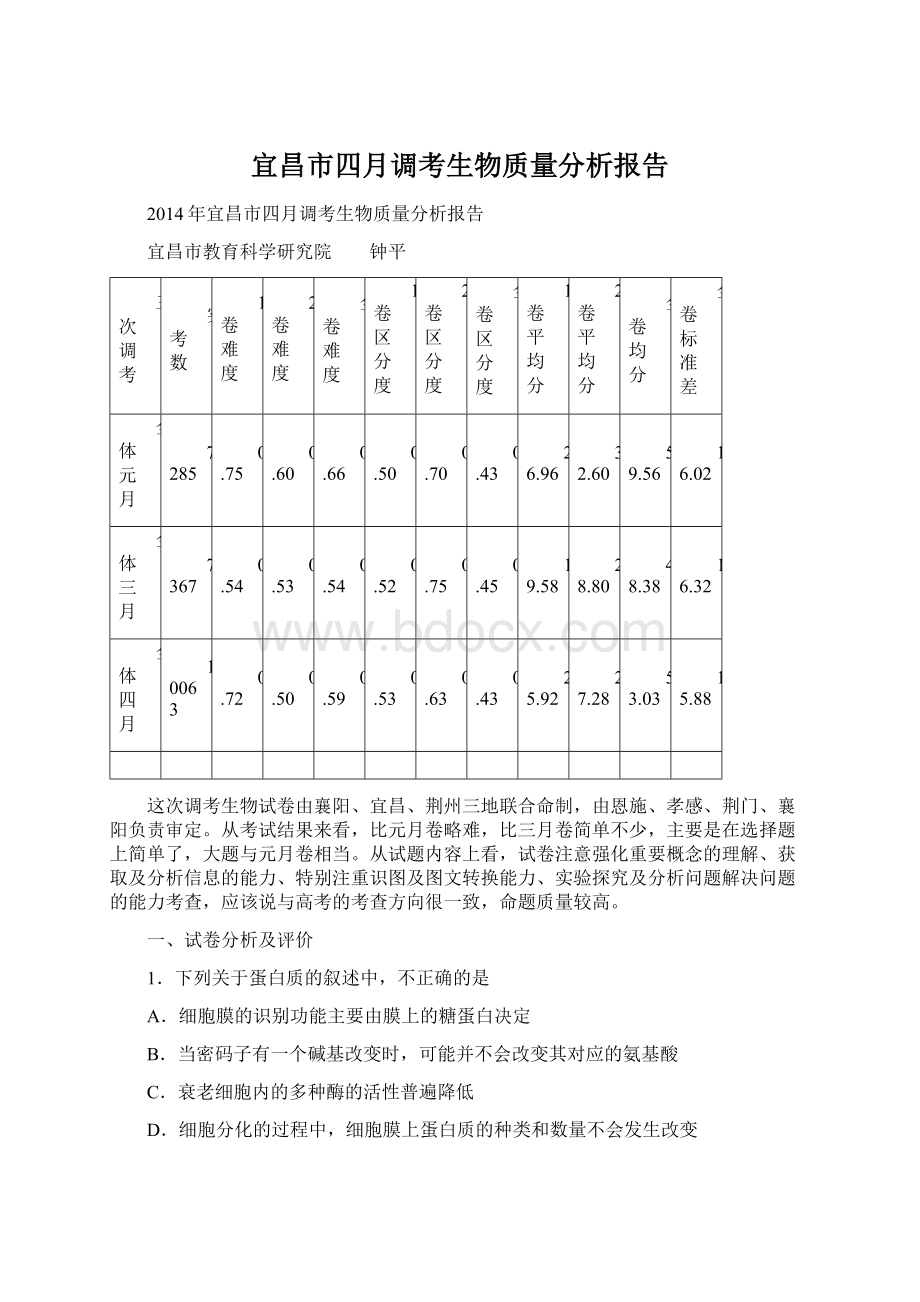 宜昌市四月调考生物质量分析报告.docx_第1页